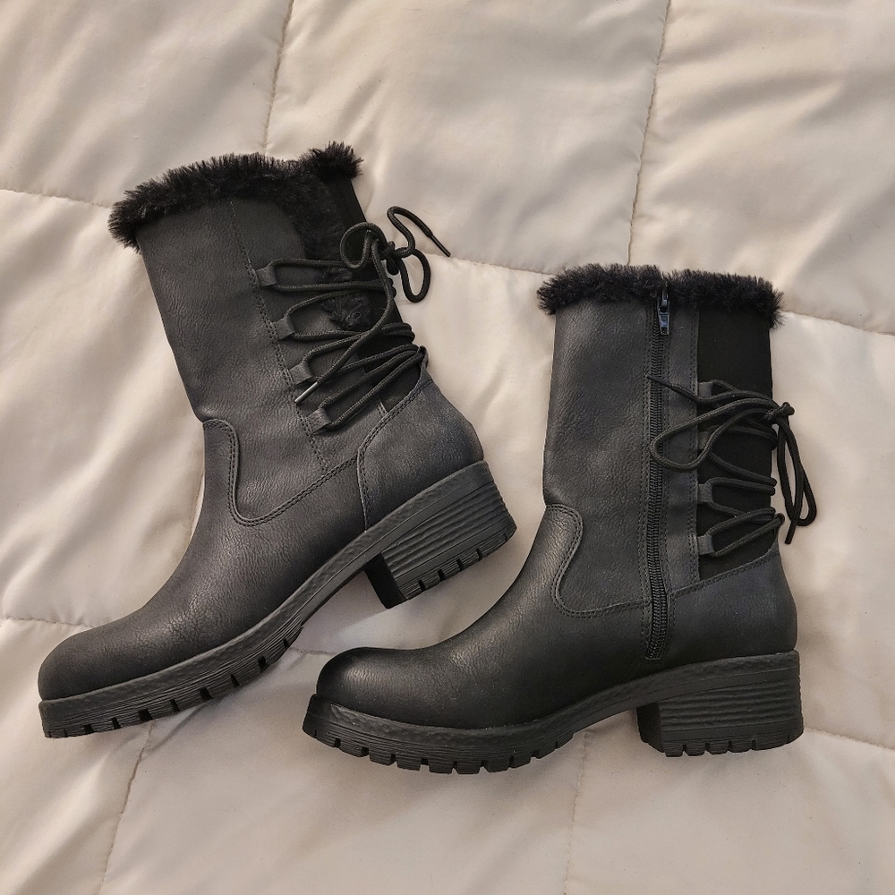 Black faux leather motorcycle fur boots